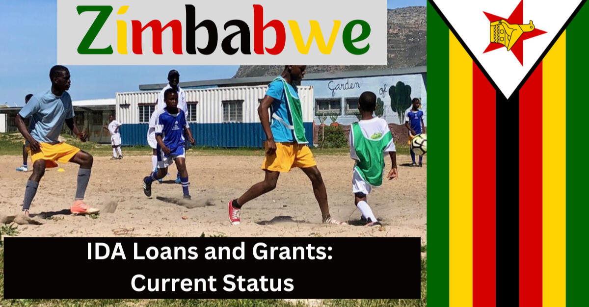 Left side has kids playing soccer with words Zimbabwe on top. Bottom says IDA Loans and Grants: Current Status. Right side has Zimbabwe flag positioned vertically