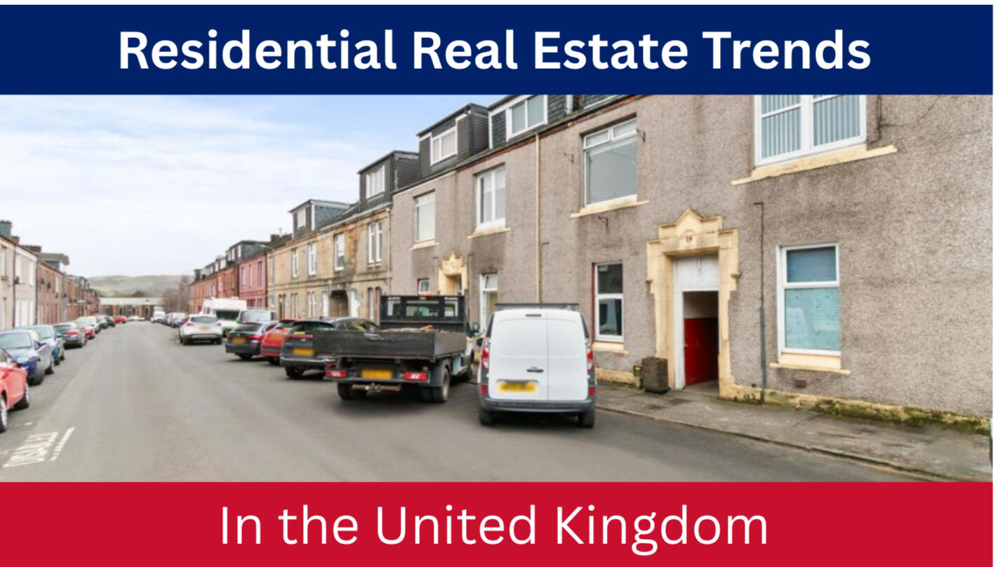 Photo of attached housing and a road with parked cars. Top banner says Residential real estate trends. Bottom banner says in the United Kingdom.